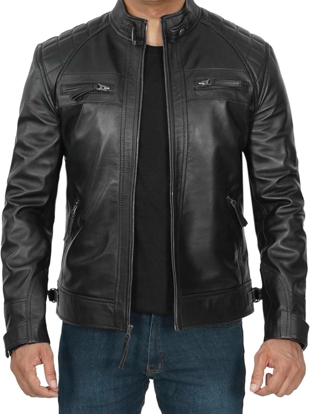 New Cafe Racer Waxed Butter Soft Lamb Skin Motorcycle Leather Jacket Size XXL